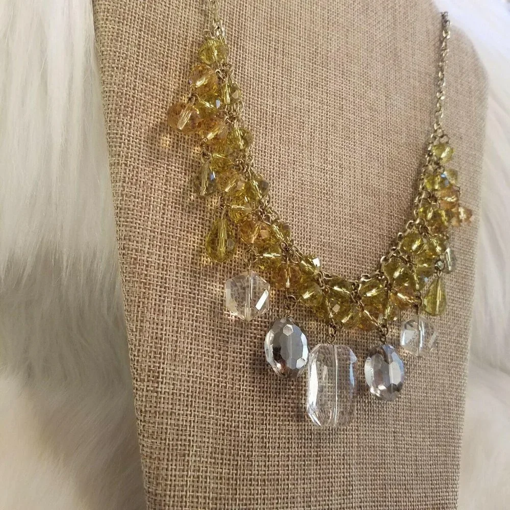 Victorian Regency Glass Bib Necklace Green Gold Tone Festival‎ Gypsy Chunky 2366